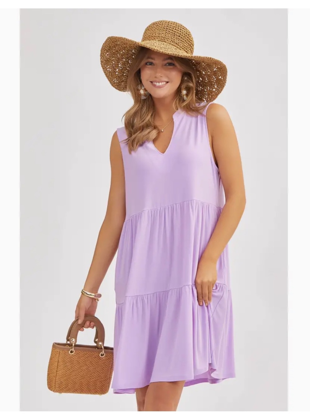 Sleeveless Lavender Tiered Dress with Split Neck